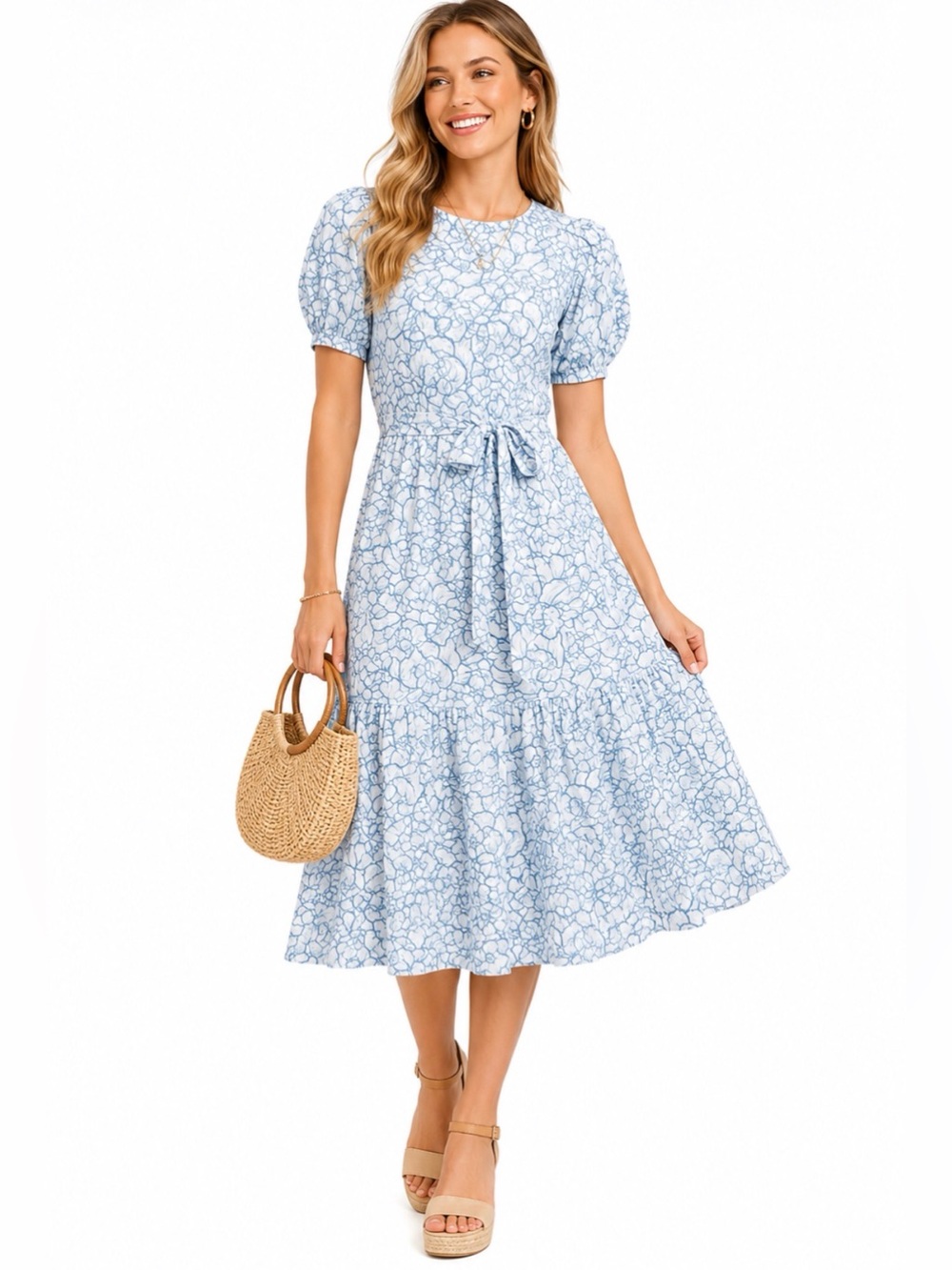 Cartolina Nantucket, 100% Cupro Chic Blue Floral Maxi Dress, Size S